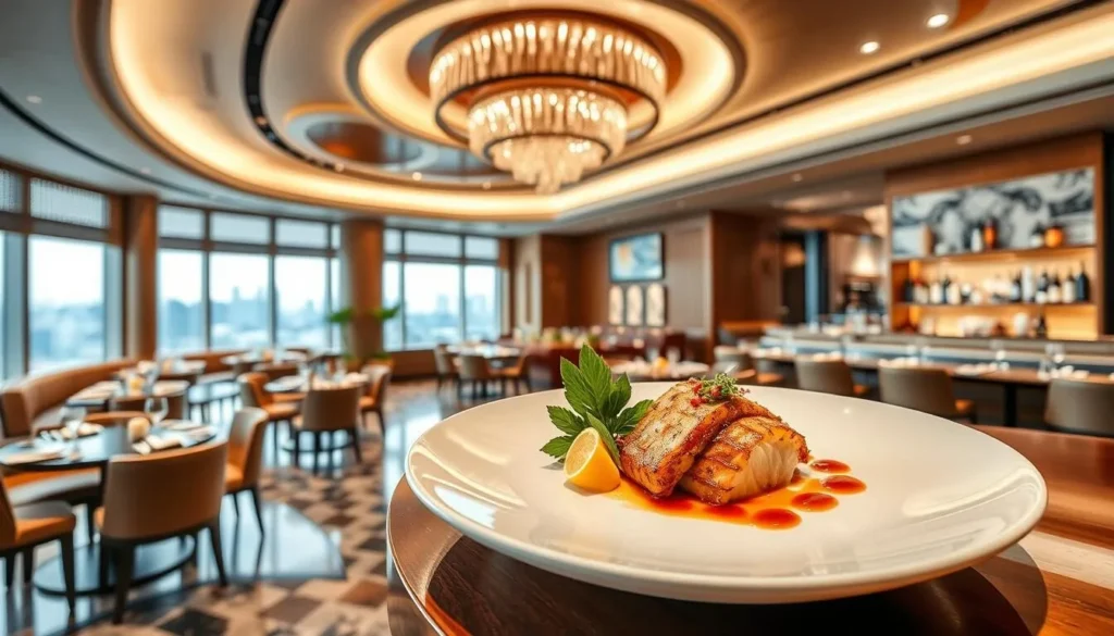 Generate an image of Wakuda Singapore at Marina Bay Sands, showcasing its elegant dining area and a signature dish.