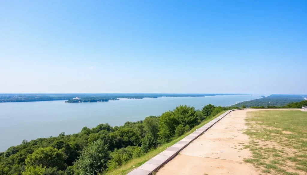 Generate an image of Warfield Point Park with a serene view of the Mississippi River.