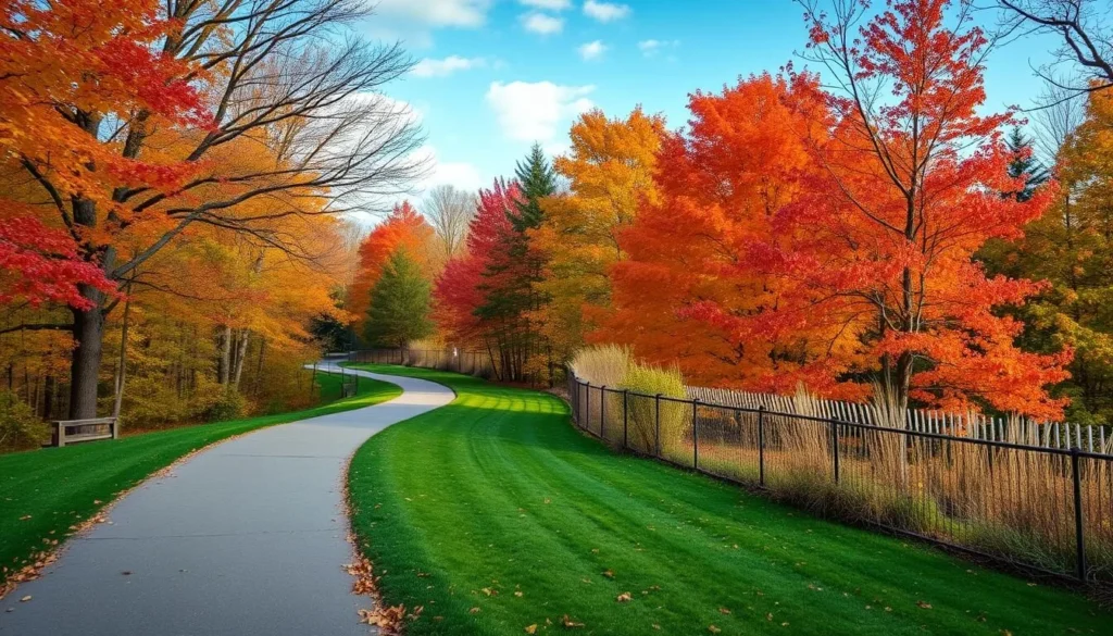 Generate an image of Warinanco Park's serene walking trails during autumn.