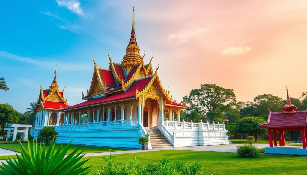 Generate an image of Wat Non Kum temple in Nakhon Ratchasima, showcasing its serene surroundings and beautiful architecture.