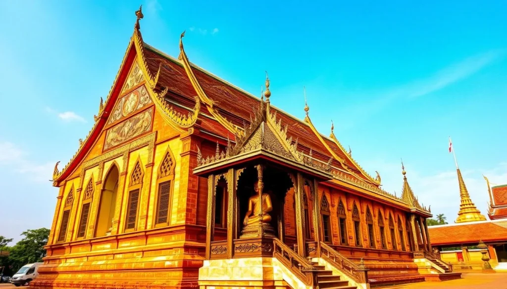 Generate an image of Wat Phra Narai Maharat, highlighting its historical significance and the sacred Buddha image it houses.