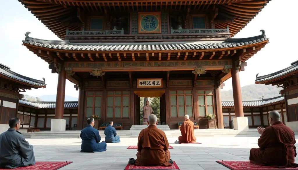 Generate an image of Wawoojeongsa Temple's main hall with monks in traditional attire.