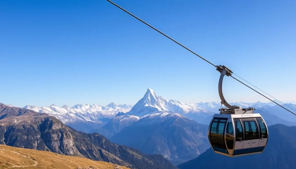 Generate an image of Weissmies Peak with a cable car in the foreground.