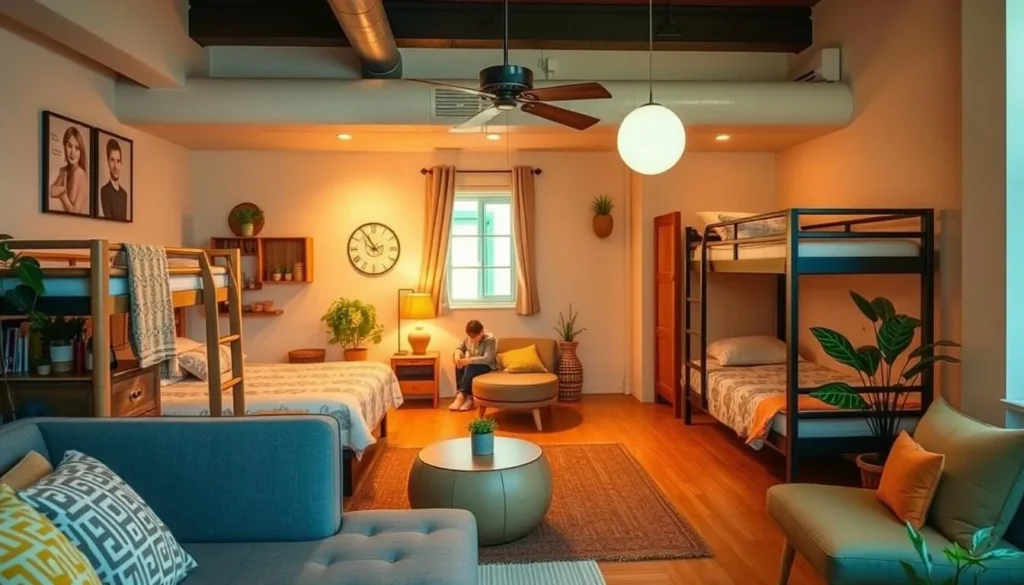 Generate an image of WellnessHostel3000's cozy common area or a dorm room with a relaxed atmosphere.