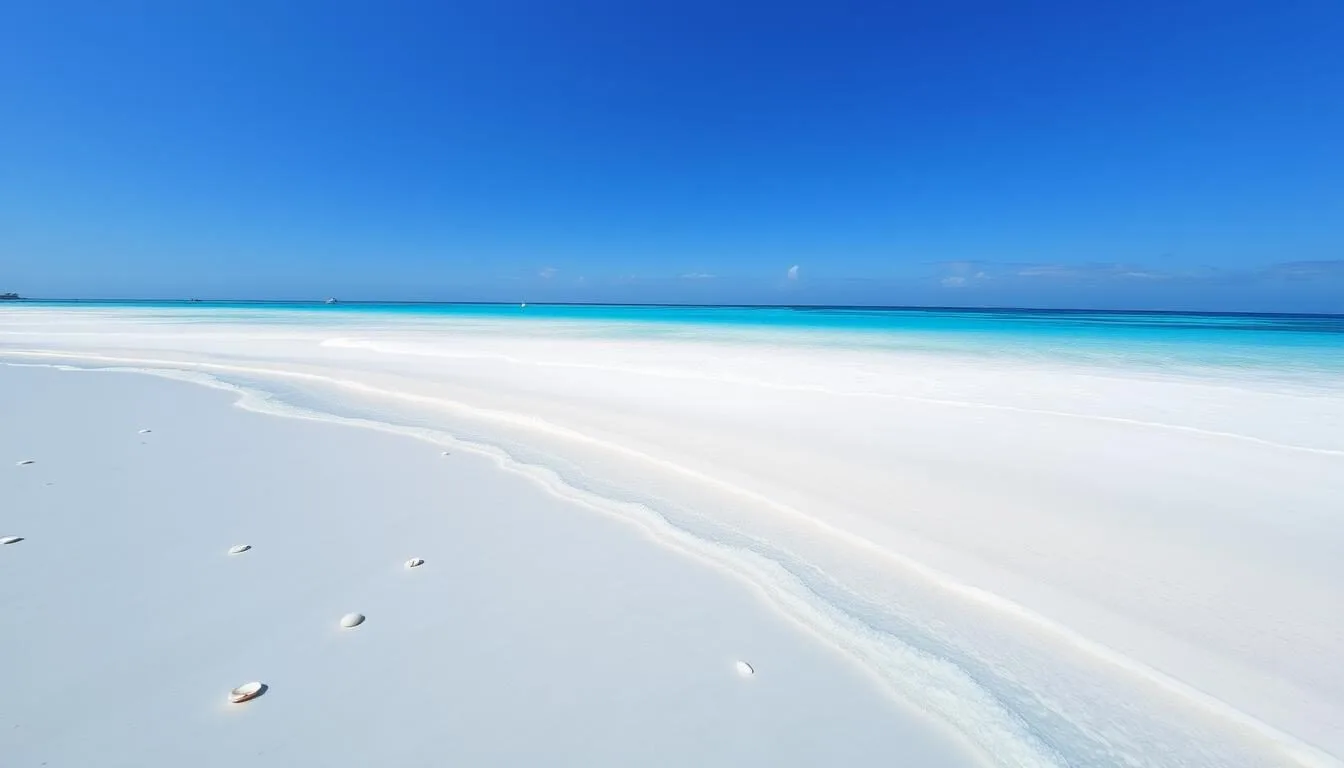 Generate an image of White Sands Beach Park with its white sand and clear blue waters.