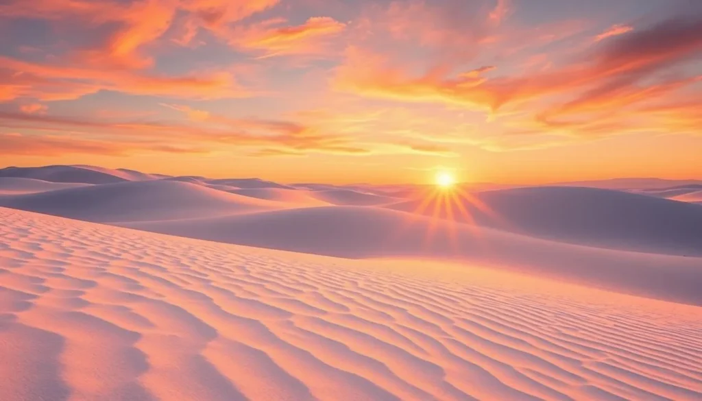 Generate an image of White Sands National Park at sunset with glistening white gypsum dunes.