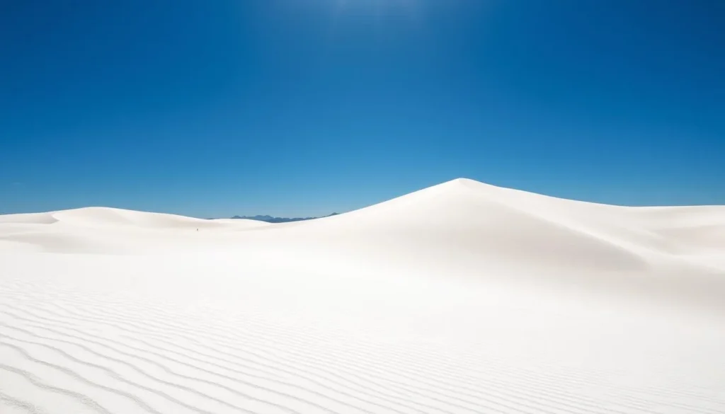 Generate an image of White Sands National Park with its stunning gypsum dunes and a bright blue sky.