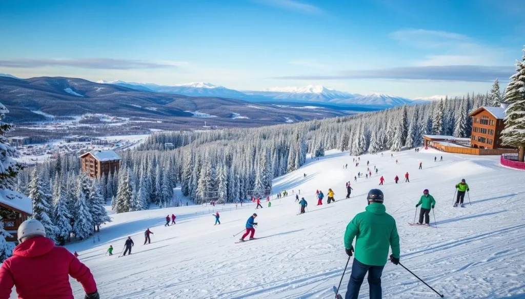 Generate an image of Whitefish Mountain Resort during winter with snow-covered slopes and skiers in action.