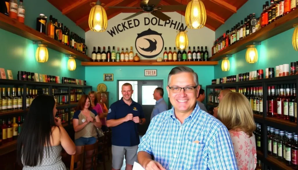 Generate an image of Wicked Dolphin Distillery's tasting room with various rum bottles and a friendly guide.