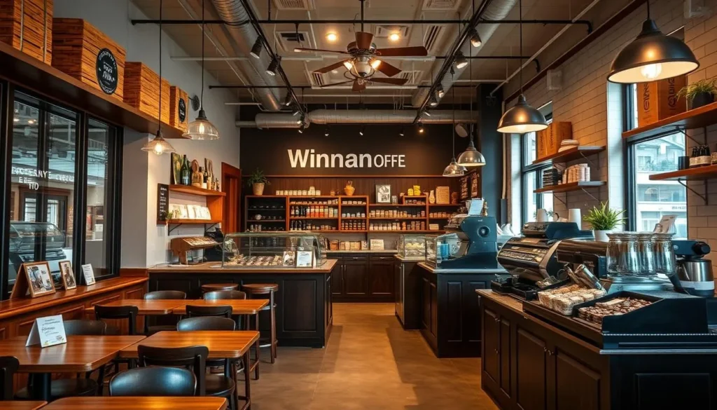 Generate an image of Winans Coffee & Chocolate's interior, highlighting their coffee and chocolate offerings.