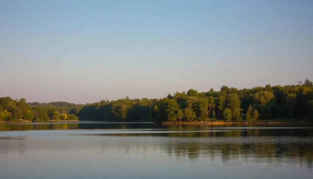 Generate an image of Woodcliff Lakes with a serene lake and surrounding trees.