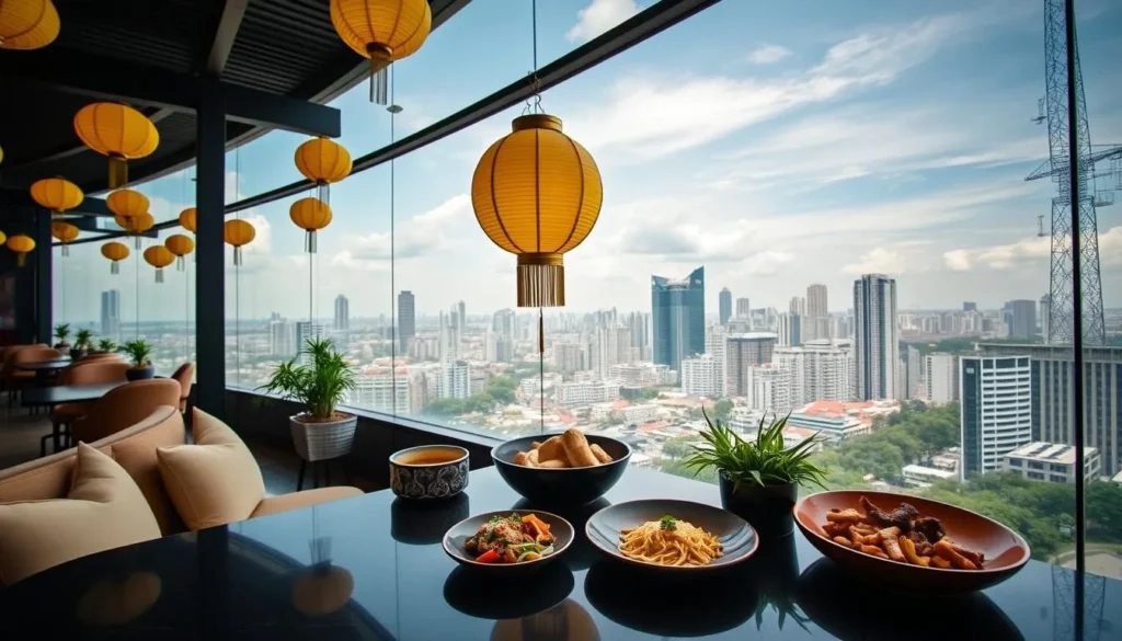 Generate an image of Yellow Lantern Cafe with its Asian and continental comfort food and breathtaking views of the Manila skyline.