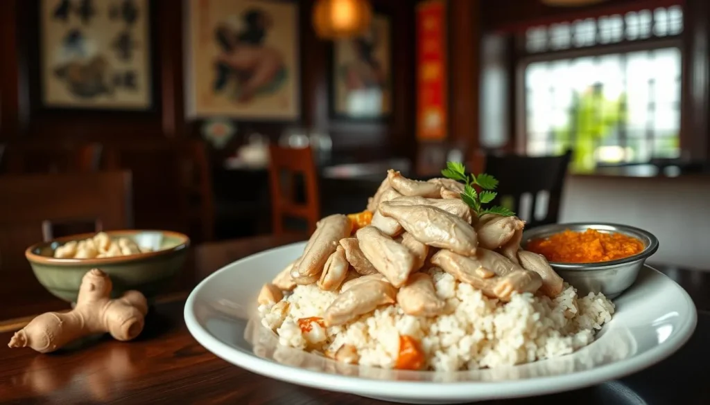 Generate an image of Yet Con Chicken Rice, featuring a traditional setting with a plate of boiled chicken and pureed ginger.