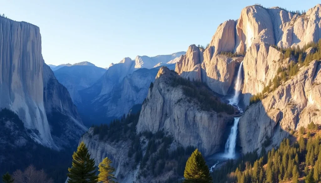 Generate an image of Yosemite National Park's iconic granite cliffs and waterfalls.