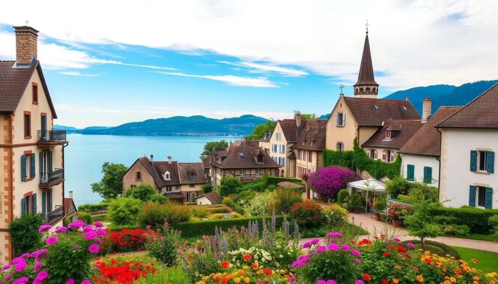Generate an image of Yvoire village on Lake Geneva with its medieval architecture and beautiful gardens.