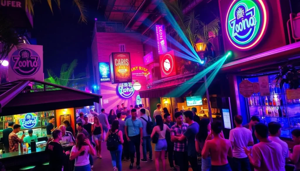 Generate an image of Zona Río's vibrant nightlife scene with trendy bars and clubs.