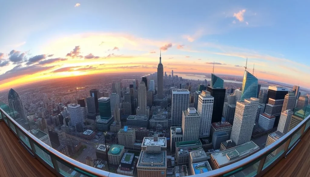 Generate an image of a 360° observation deck with a view of the city.