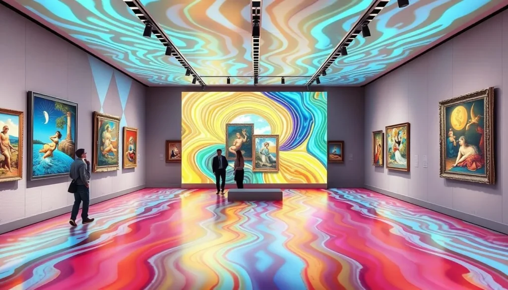 Generate an image of a 3D art museum with interactive paintings and installations that create optical illusions.