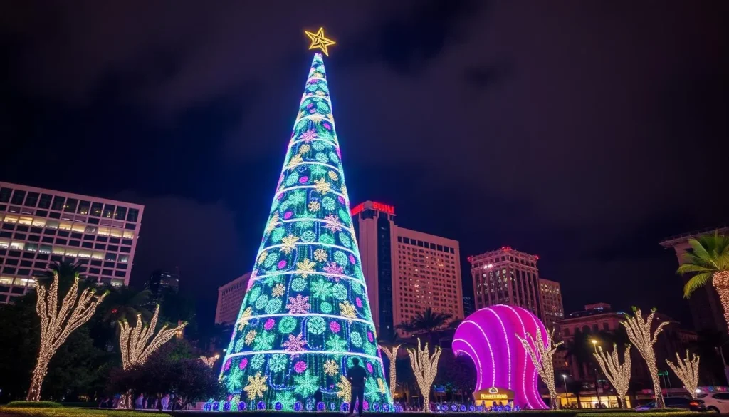 Generate an image of a 50-foot Christmas tree surrounded by elaborate light displays in downtown Honolulu.