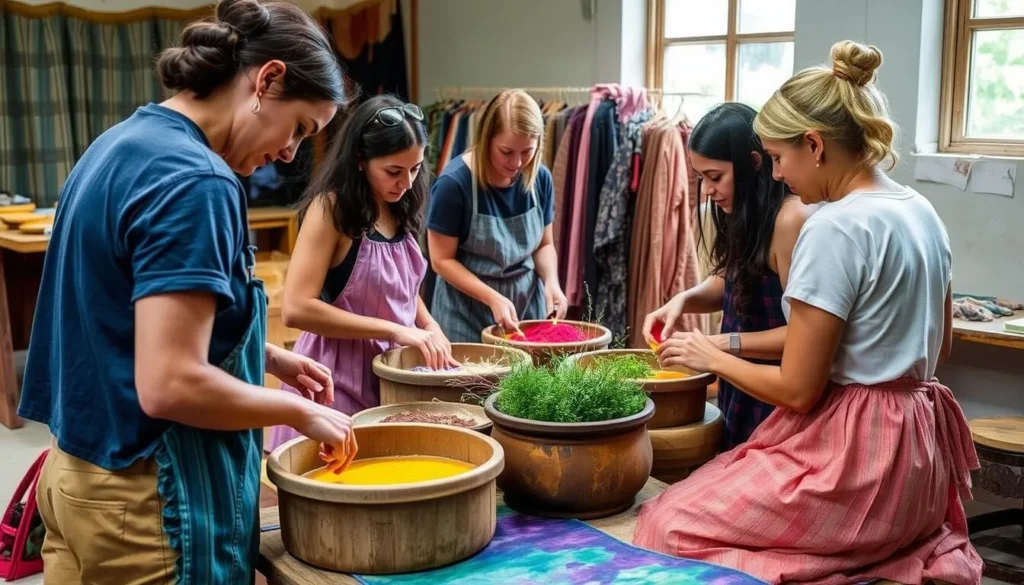 Generate an image of a BoGasy Fashion textile masterclass in progress, with participants learning natural dyeing techniques.