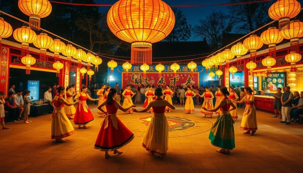 Generate an image of a Bon Dance Festival with participants performing traditional Japanese circular dances around a lantern.
