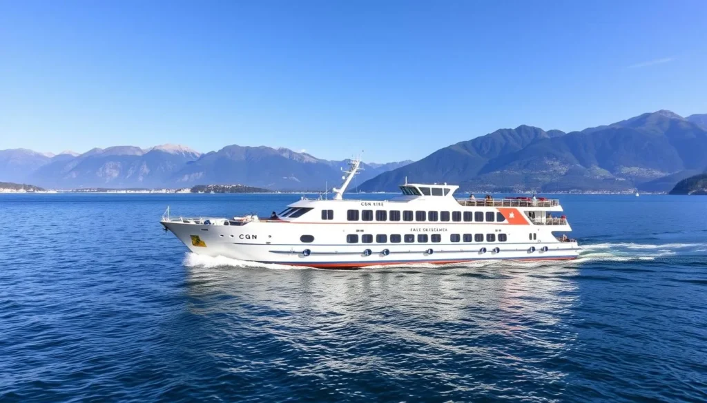 Generate an image of a CGN boat sailing on Lake Geneva.