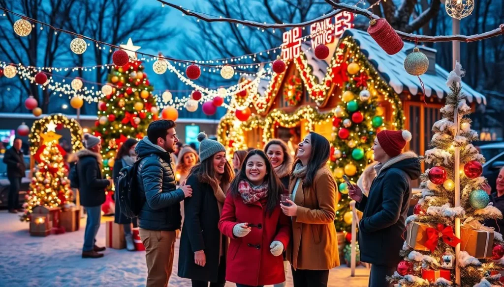 Generate an image of a Christmas celebration with lights and decorations.