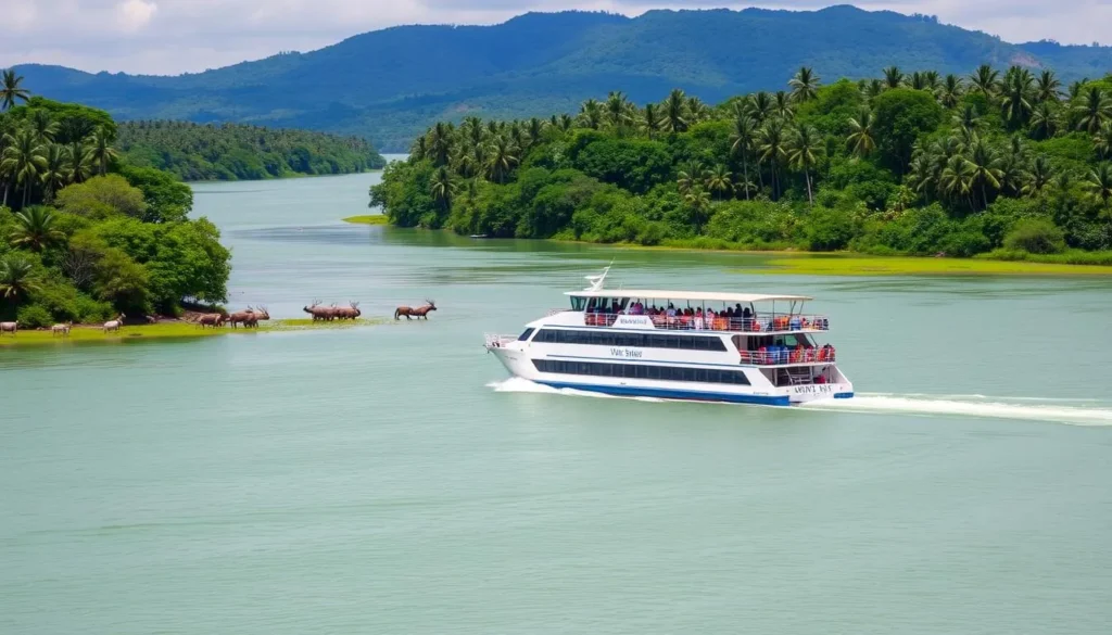 Generate an image of a Congo River cruise boat navigating through the lush green waters of the Democratic Republic of the Congo.