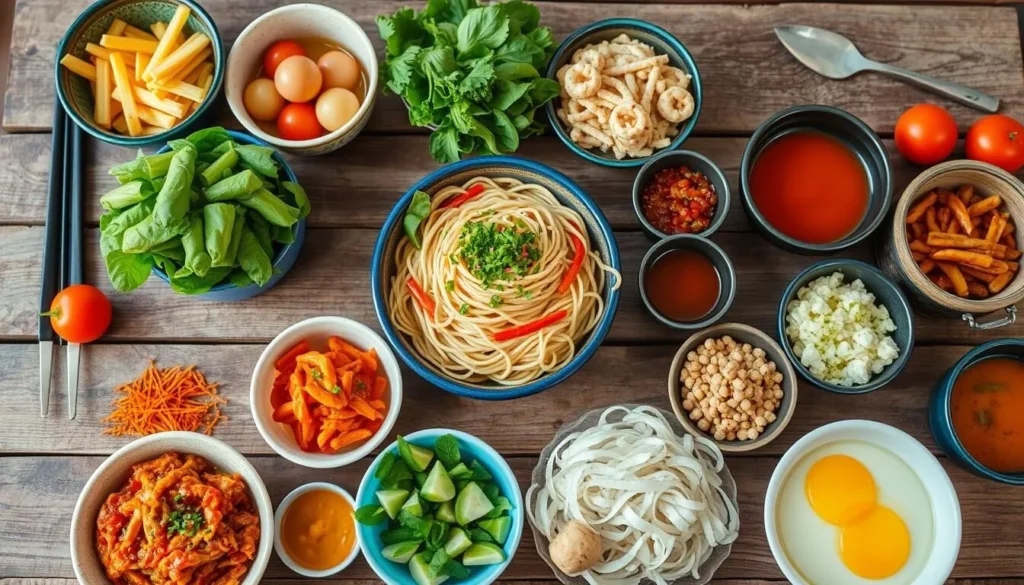 Generate an image of a DIY noodle-making station with various toppings.