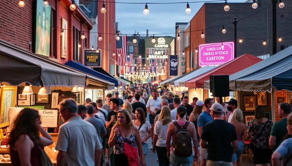 Generate an image of a First Friday Canton event, capturing the vibrant atmosphere with live music, food vendors, and art galleries.