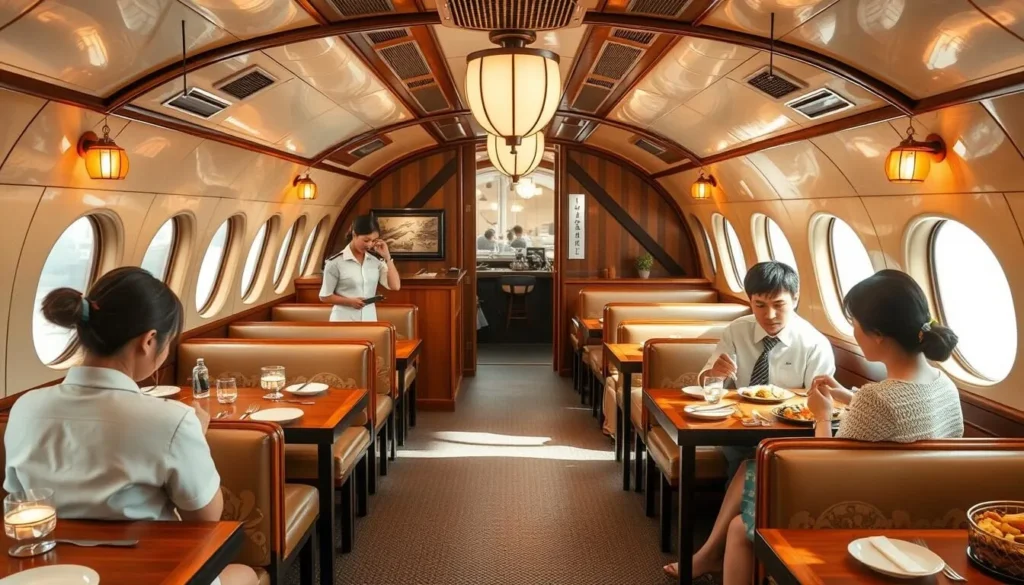 Generate an image of a Japanese restaurant modeled after a vintage aircraft, complete with staff dressed as flight attendants and passengers enjoying their meal.