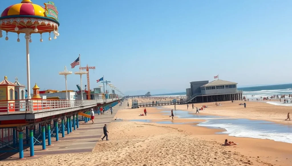 Generate an image of a Jersey Shore beach scene with a historic boardwalk and amusement park rides.