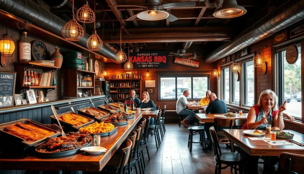 Generate an image of a Kansas City BBQ restaurant with slow-smoked meats.