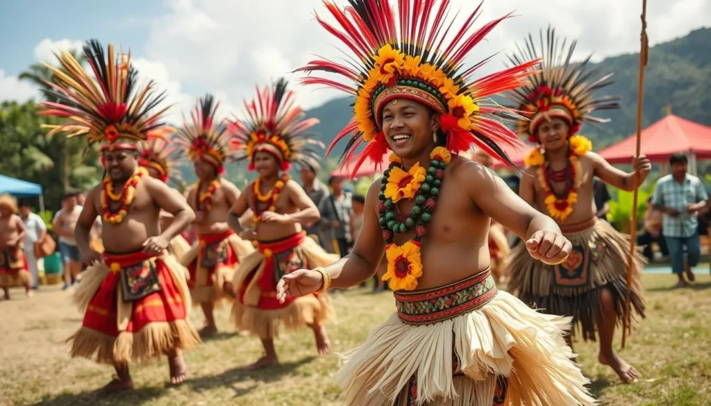 Generate an image of a Katoaga ceremony in Wallis and Futuna, showcasing traditional dances and costumes.