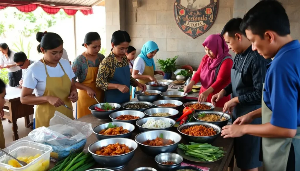 Generate an image of a Khmer cooking class in action, with participants preparing traditional Cambodian dishes.