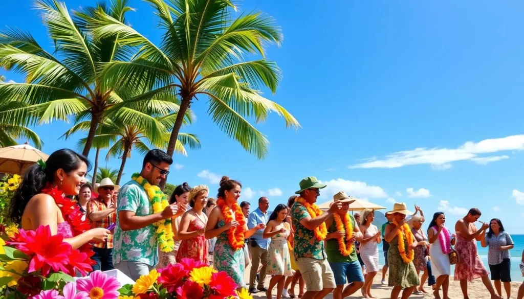 Generate an image of a Lei Day celebration with people making leis and enjoying Hawaiian music.