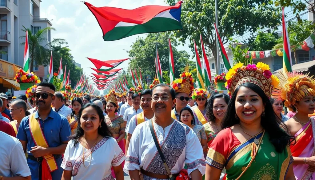 Generate an image of a Liberation Day parade with participants in traditional attire.