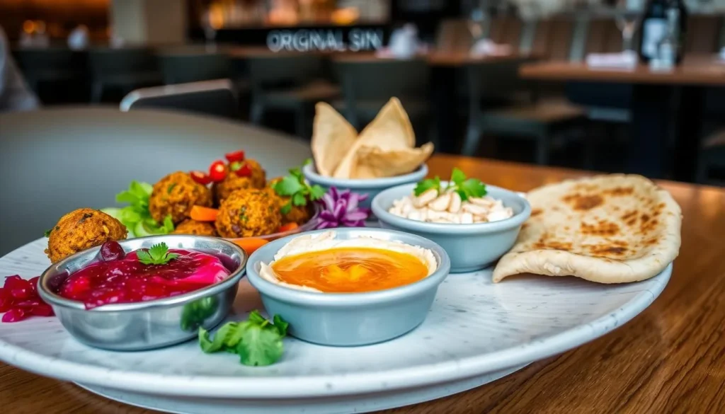 Generate an image of a Mediterranean-style mezze platter with hummus, beetroot and almond dip, crunchy falafel balls, and homemade pita at Original Sin in Singapore.