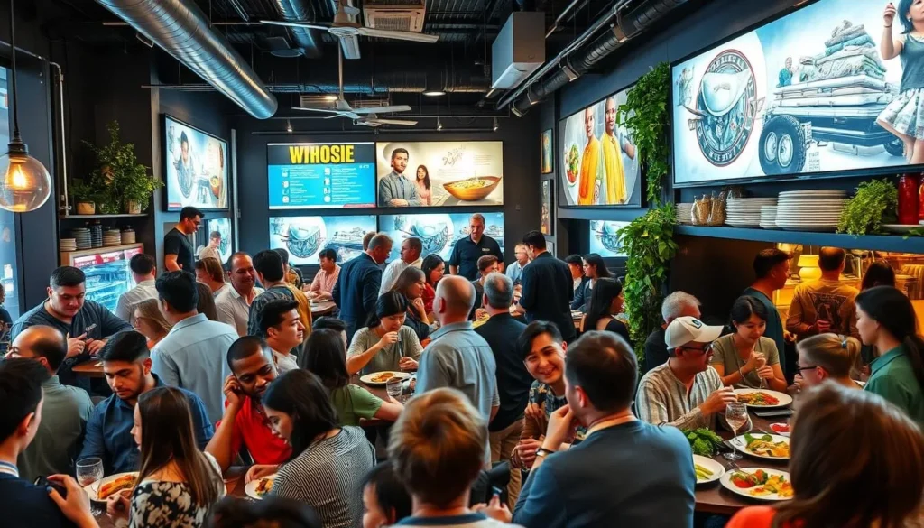 Generate an image of a Melbourne restaurant with a diverse crowd enjoying various cuisines