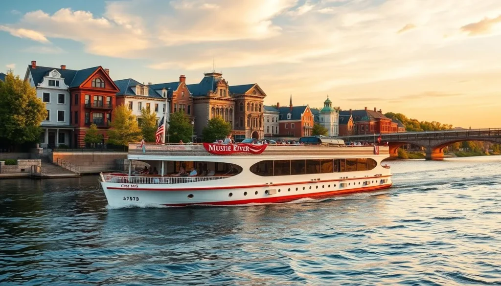Generate an image of a Missouri River cruise boat sailing past a scenic riverbank with historic buildings.