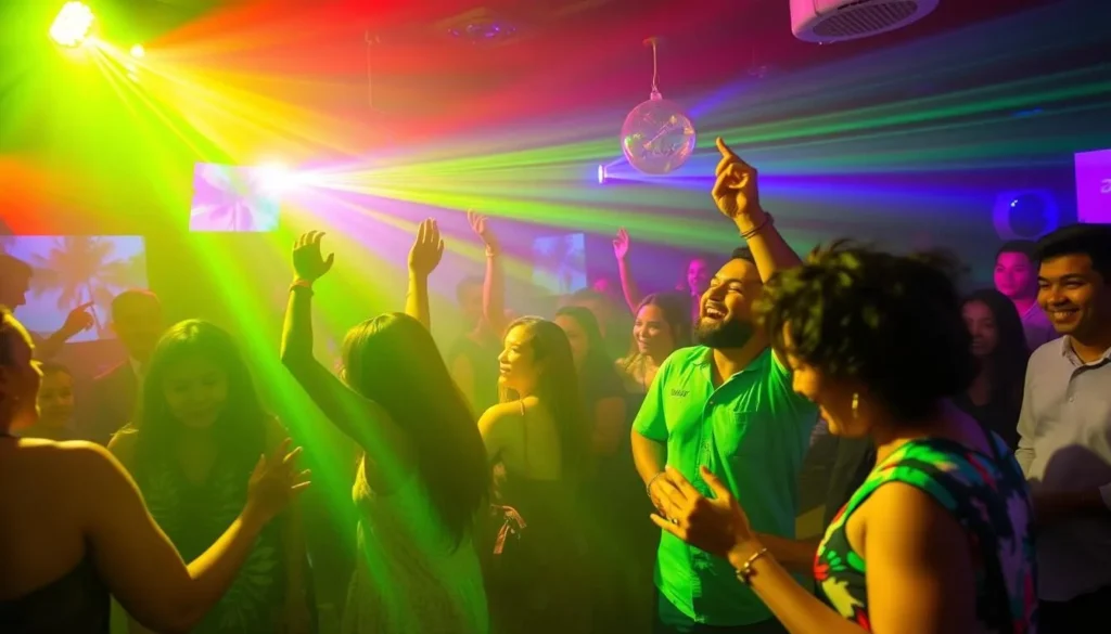 Generate an image of a Tuvalu nightclub with locals dancing and enjoying music.