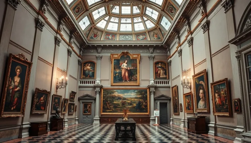 Generate an image of a Venetian museum interior with Renaissance art