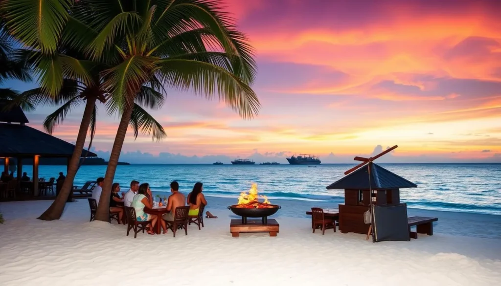 Generate an image of a beach BBQ at Titanic Restaurant on Koh Rong Island