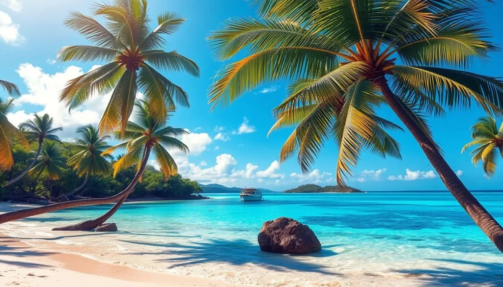 Generate an image of a beach in Bintan island with clear waters and palm trees.