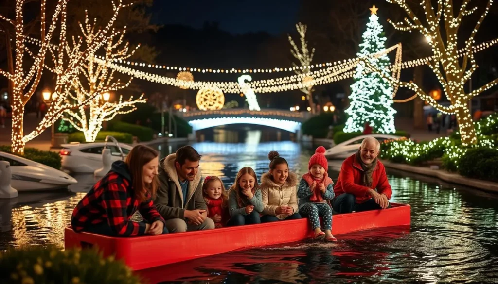 Generate an image of a beautifully lit Deer Creek with families enjoying the holiday atmosphere.