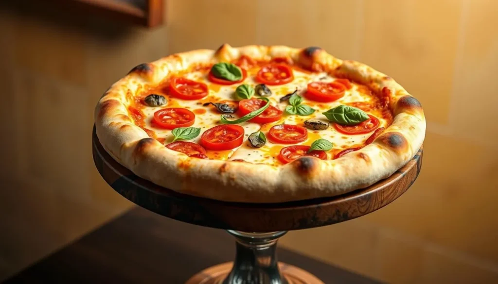 Generate an image of a beautifully presented Neapolitan-style pizza served on a pedestal, with a generous puffy crust and vibrant toppings.