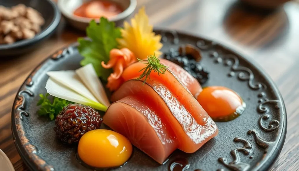 Generate an image of a beautifully presented omakase dish at Shoukouwa, highlighting the detail and freshness of the ingredients.