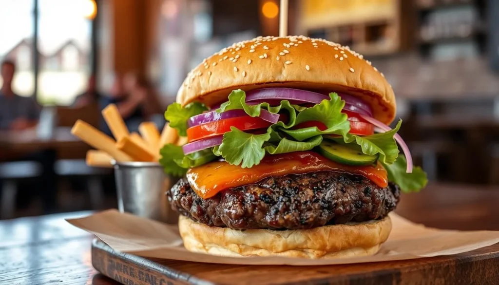 Generate an image of a bison burger at Backcountry Burger Bar in downtown Bozeman.