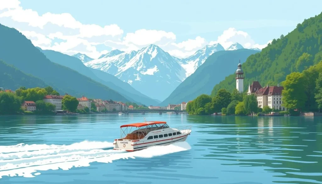 Generate an image of a boat cruise on Lake Lucerne with the Swiss Alps in the background.