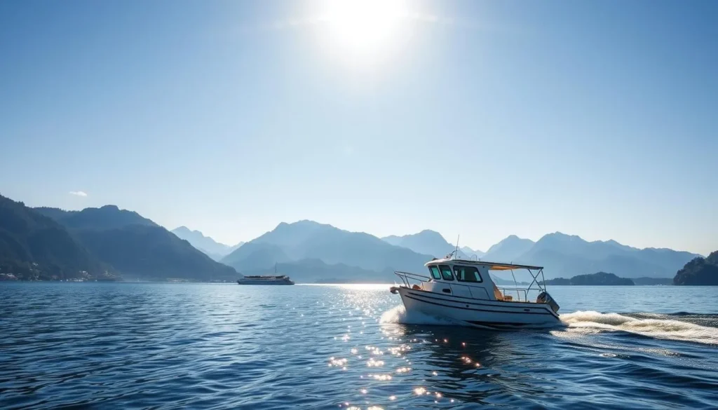 Generate an image of a boat cruising on Lake Zug with the surrounding mountains in the background.